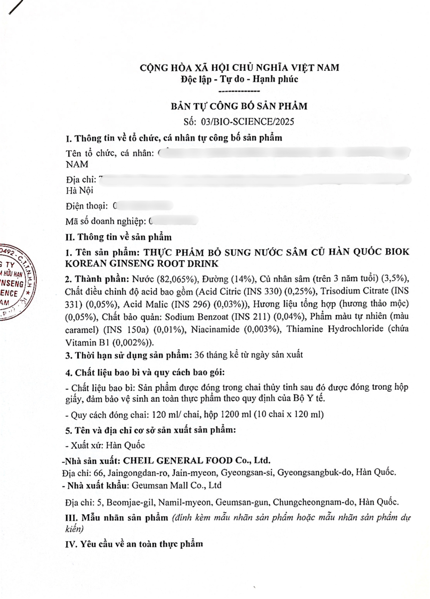 Nước tăng lực hồng sâm nguyên củ Hàn Quốc